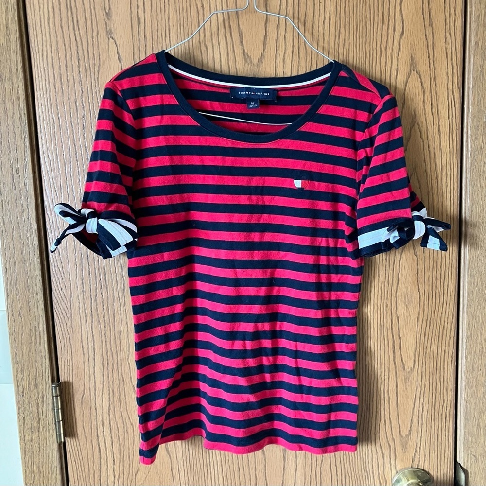 Tommy Hilfiger Red & Navy Striped Short Sleeve Tie-Sleeve Tee